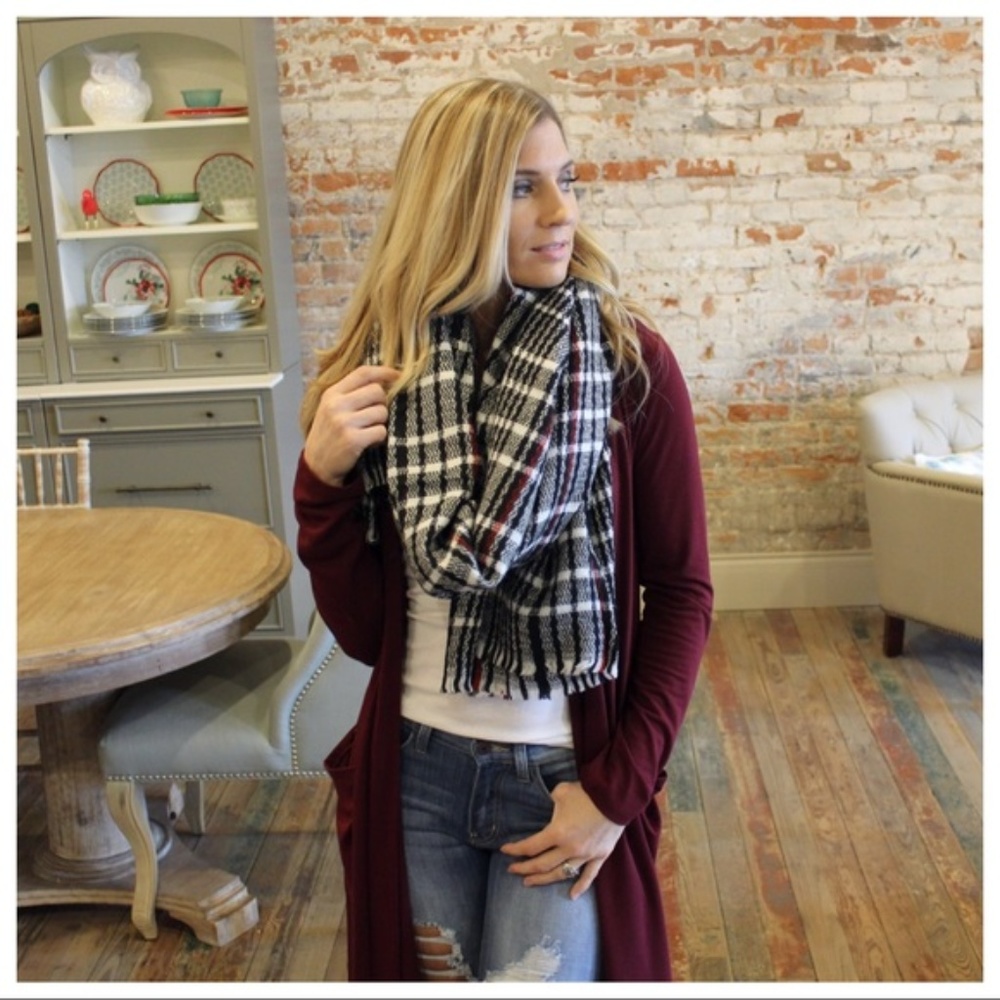LAST ONE! Black & Ivory Plaid with burgundy Stripe - Picture 3 of 4
